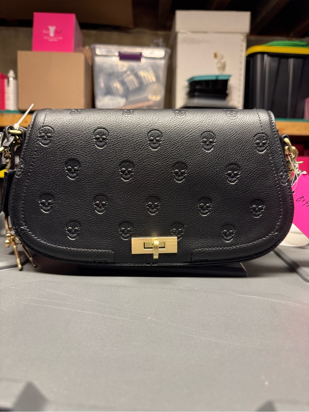 Betsey Johnson Black Leather Embossed Skull Crossbody Bag with Gold Hardware